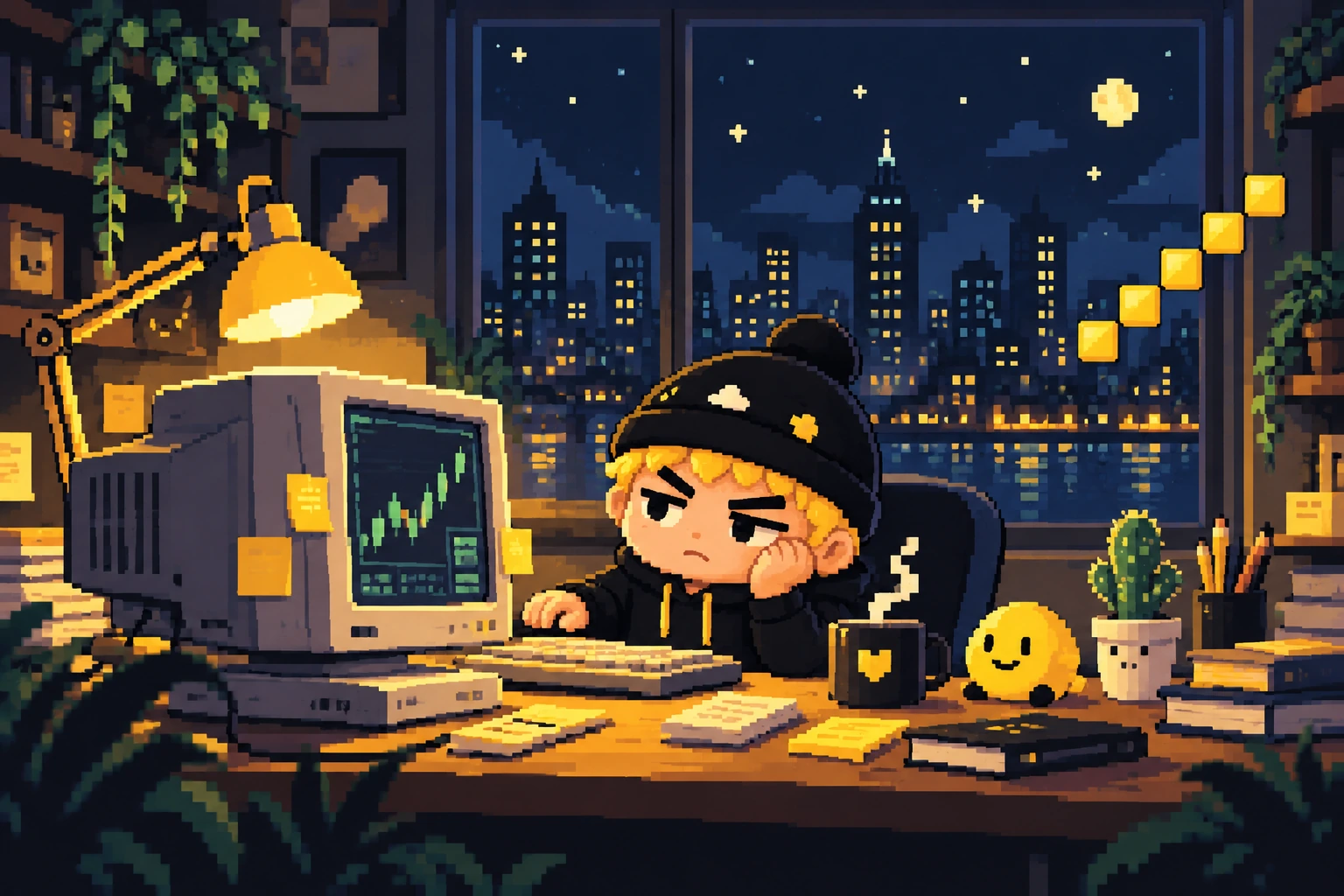 A tired pixel-art office worker with a yellow beanie fringe and black hoodie, working beside a CRT monitor, coffee and a yellow companion